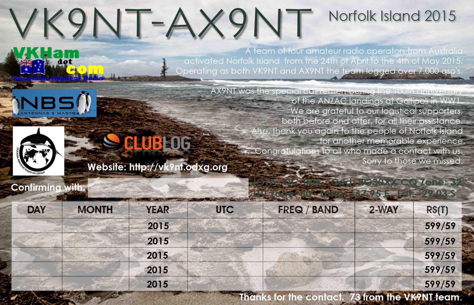 VK9NT 2015 QSL - Back