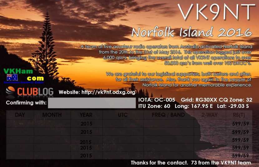 VK9NT 2016 QSL - Back